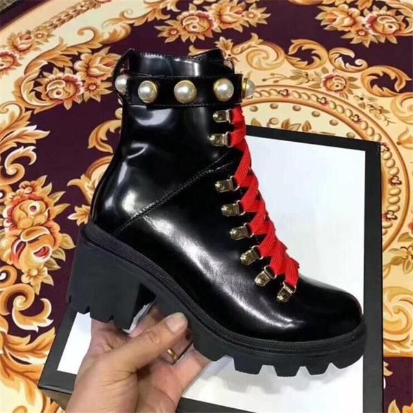 

boots luxury ankle for woman 6cm chunky high heel short booties patent leather autumn botas mujer pearl decor platform shoes, Black