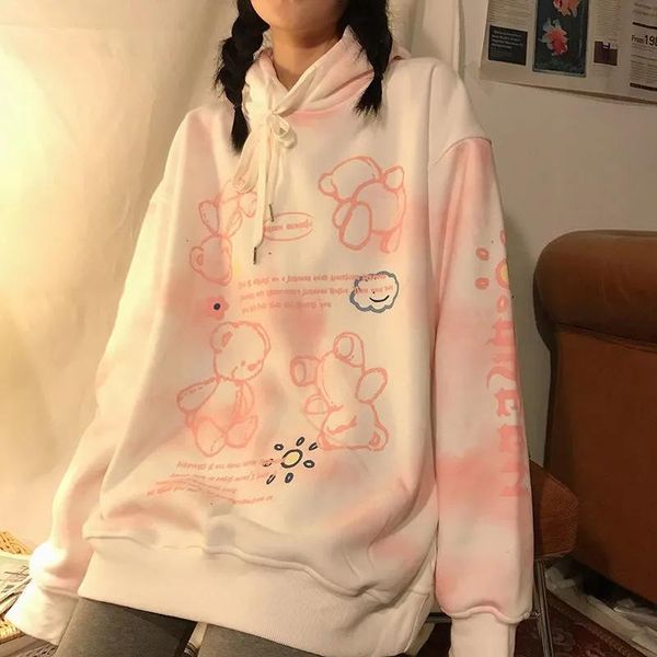 

tie dye bear hoodie 2021 women kawaii cartoon yami harajuku pink sweatshirt oversized pullover women's hoodies & sweatshirts, Black
