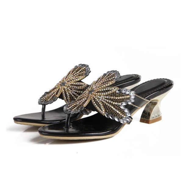 

slippers summer women horse shoe heel thick high flip-flops luxury rhinestone casual 6 cm, Black