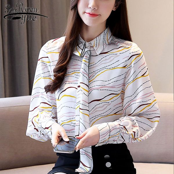

korean fashion clothing long sleeve print office lady women spring elegant clothes and blouse blusas 8453 50 210427, White
