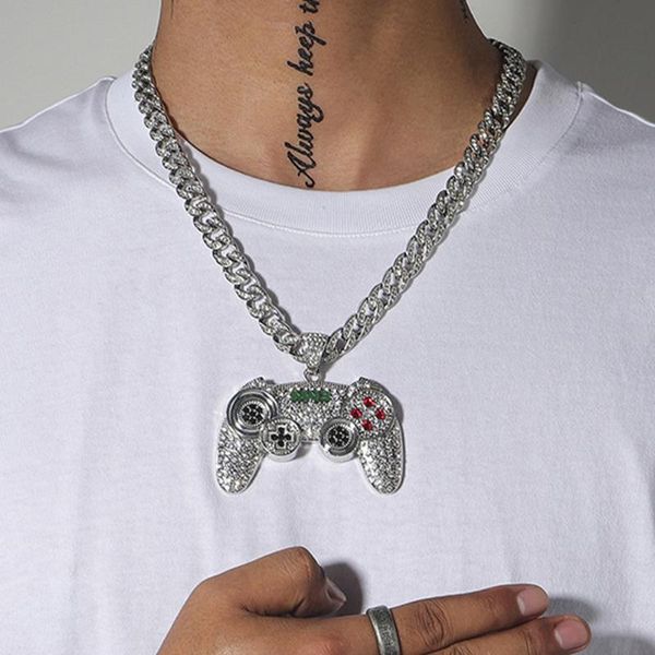 

pendant necklaces fashion hiphop game console handle chain necklace women men rhinestone iced out funny cuban link gifts jewelry, Silver