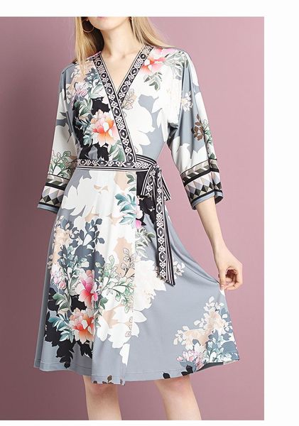 

casual dresses silk printed three quarter sleeve all season gear dreess, Black;gray