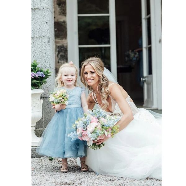 

2021 dusty blue flower girl dresses a line tulle lace lilttle kids birthday pageant weddding gowns, White;blue