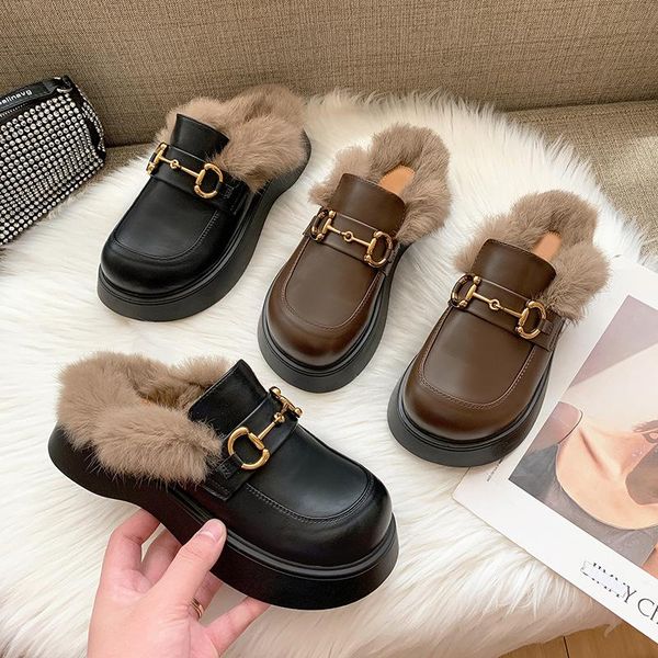 

slippers women's 2021 winter hasp small leather shoes slip-on flat mules, Black