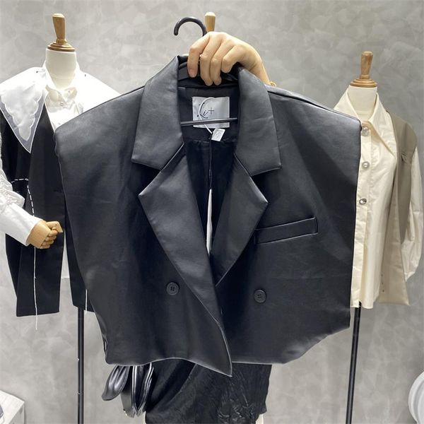 

women's vests getspring women vest pu leather sleeveless short winter jacket coats casual all match fashion black gray waistcoat 2021, Black;white