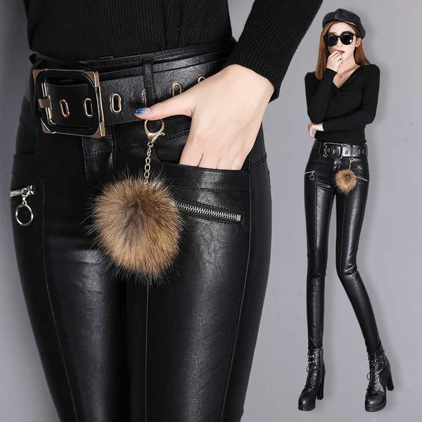 

winter casual leather pants lady slim pu stylish zipper fashion pencil skinny trousers for woman with belt 210601, Black;white