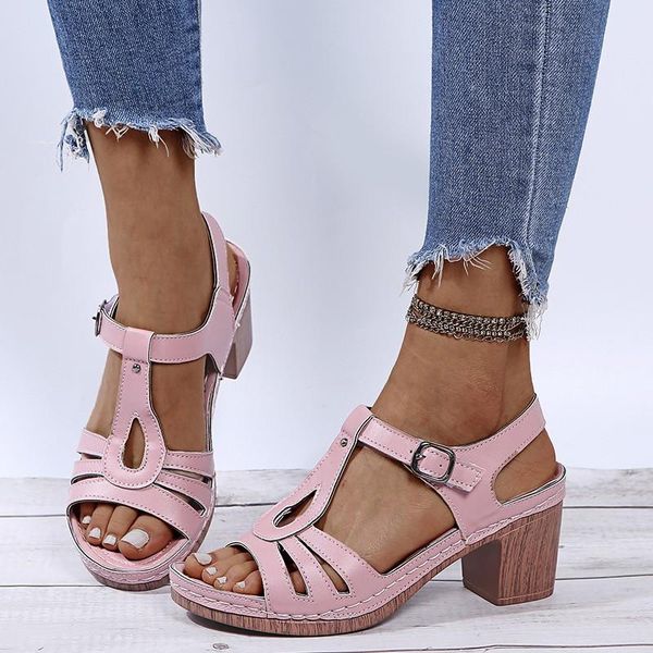 

sandals shoes beige heeled 2021 summer large size black high big girls fashion low comfort scandals casual solid pu buckle s