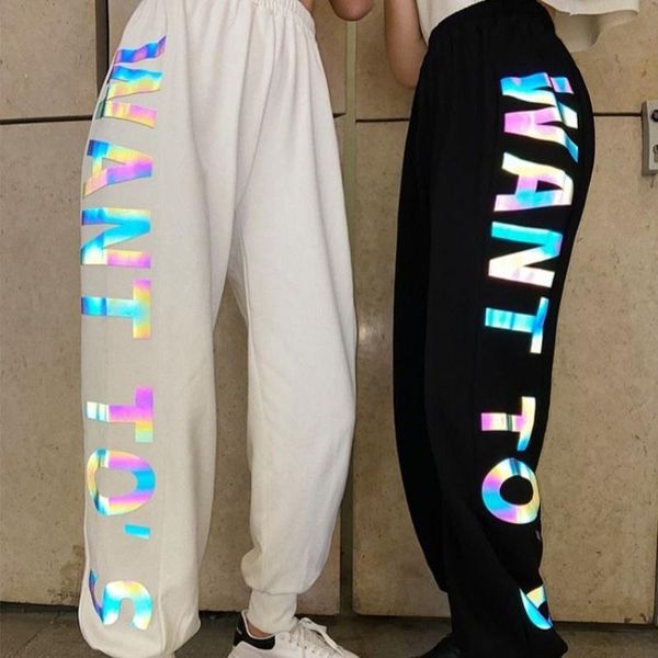 

women's pants & capris nicemix jumping must-have trousers female summer 2021 tide loose high waist sweatpants printing reflective casua, Black;white