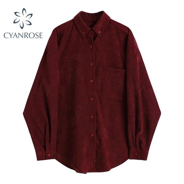 

red corduroy elegant vintage women blouses office ladies ol shirts female long sleeve single breasted y2k chic baggy casual 210515, White