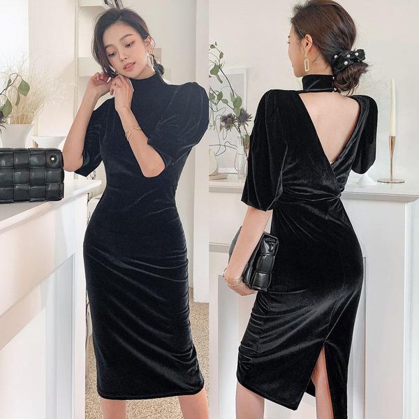 

casual dresses fall winter stain dress one piece korea ladies long sleeve backless black party for women clothing, Black;gray