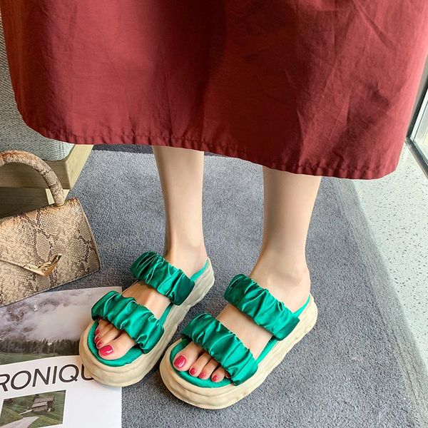 

slippers flat platform sandals and female tide 2021 summer korean candy color green seaside beach shoes slides flip flops, Black