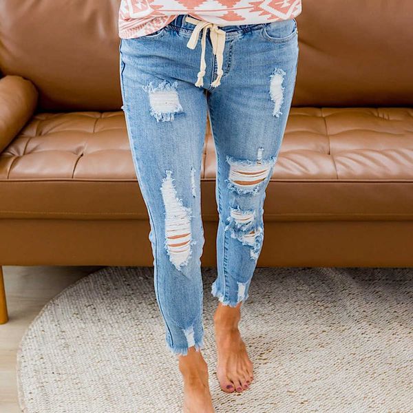 

fashion jeans slim fit large worn out women's lace up cropped pants 781988, Blue