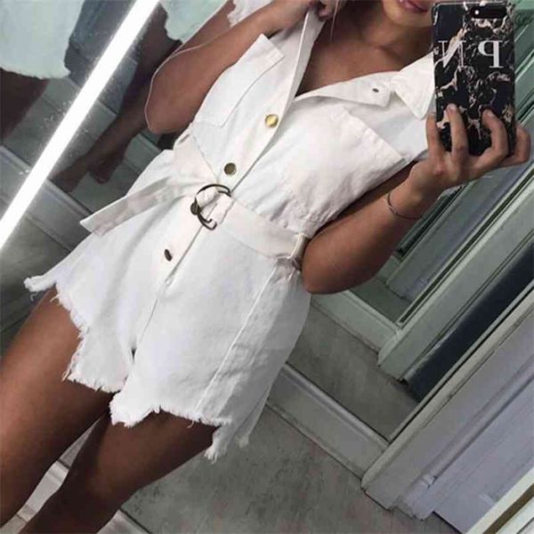 Mini Jumpsuits Sexy Mulheres Jumpsuit Halter Volta V Pescoço Macacão Slim Camisa Botão Branco Casual 210517