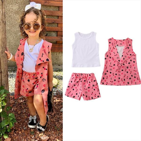 

0 5y summer fashion kids girls clothes sets 3pcs sleeveless solid vest flowers jacket shorts, White