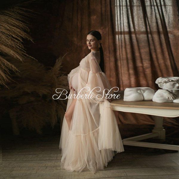 

casual dresses dreamlike v-neck long sleeves mesh maternity open front 2021 design very big bottom baby shows dress pregnancy gowns, Black;gray