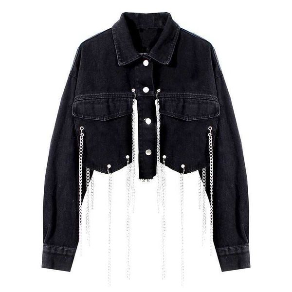 

solid chains diamonds women denim short jackets design turn-down collar loose casual mujer chaqueta spring coat 13a148 210525, Black;brown