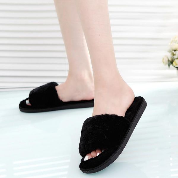 

fur slides women slippers winter fluffy house female shoes home for indoor casual chaussure, Black