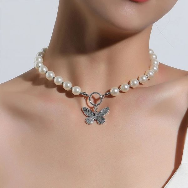 

antique pearl chain necklace with butterfly pendant charms silvery neck jewelry for women party gift, Silver