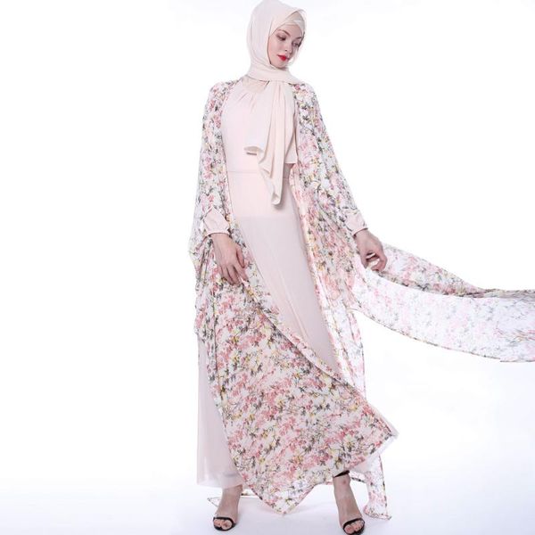 

muslim dress fashion elegant printing chiffon cardigan women summer open kimono abaya turkey belt donsignet ethnic clothing, Red