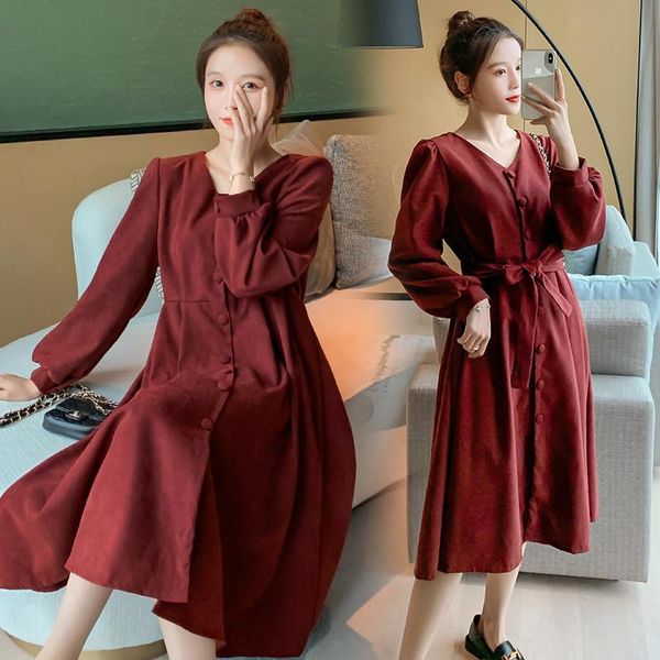 

maternity dresses 1999# 2021 autumn korean fashion corduroy dress v neck ties waist slim clothes for pregnant women pregnancy nursing, White