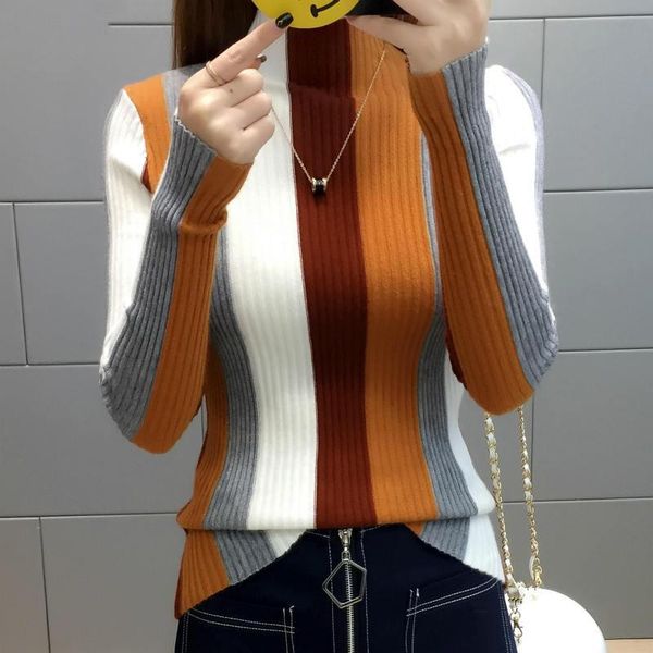 

women's sweaters rainbow stripe sweater contrast knitted pullover 2021 long sleeve turtleneck knitwear fashion slim women jumper, White;black