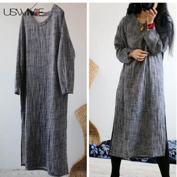 

casual dresses uswmie 2021 spring literature retro simple o-neck loose plain old dress mid-calf solid color both sides split vestidos, Black;gray