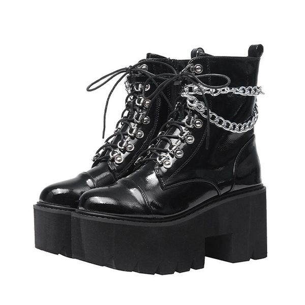 

boots lace up shoes gothic women fur demonia platform motorcycle waterproof spring big size, Black