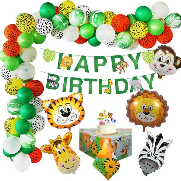 44pcs / Set Jungle Safari Thème Fête Anniversaire Décoration Garçon Enfants Animal Bannière Gâteau Topper Nappe Jungle Anniversaire Fournitures 210408