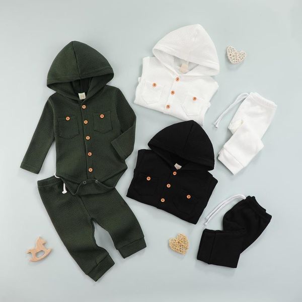 

clothing sets 0-18m infant baby boys girls 2pcs clothes solid color single breasted hooded long sleeve romper elastic pants, White