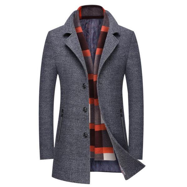 

men's wool & blends men winter coat slim fit thick long trench fashion grey woolen jacket scarf collar warm overcoat, Black