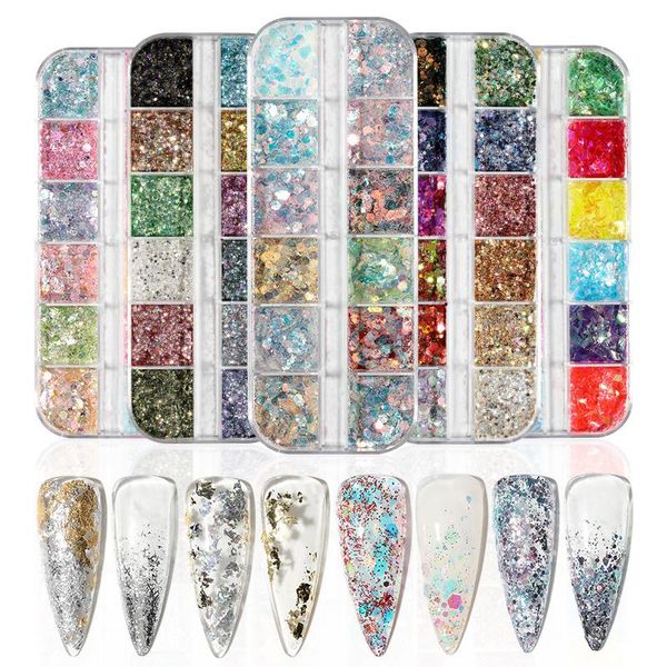 

nail glitter art sequins gold foil glass shards super luxury decoration patch 12 grid box, Silver;gold