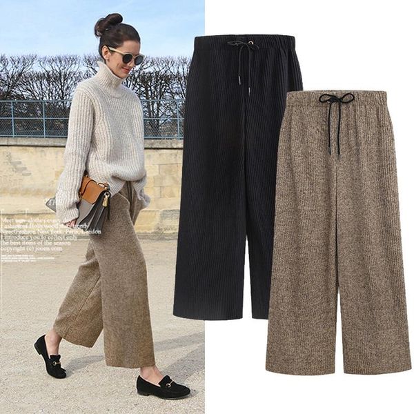 

winter woolen pleated pants women 2021 elastic waist loose for autumn black wide khaki women's & capris, Black;white