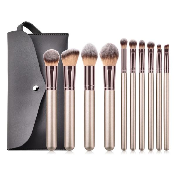 

makeup brushes 10pcs/set set with leather bag wooden handle champaign gold for eyeshadow blush cosmetic tools kits
