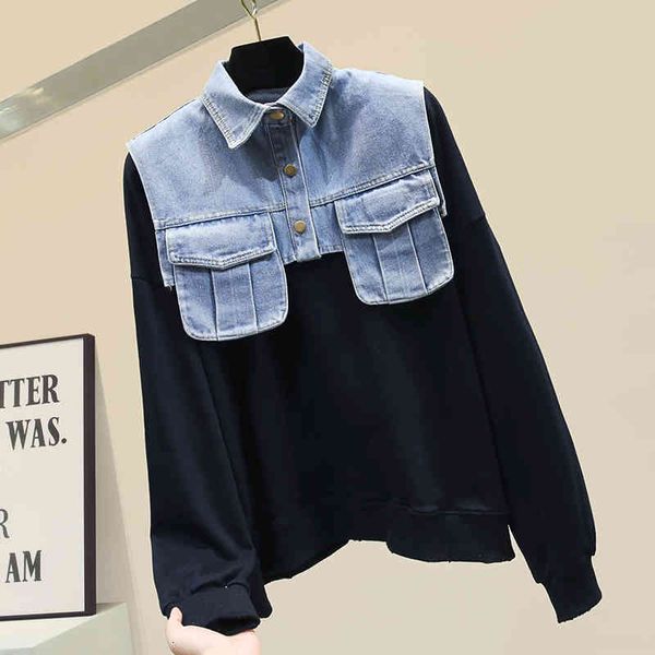 

women's hoodies & sweatshirts getprimavera female hoodie denim with hood patchwork color matching fake two casual black super large 08o