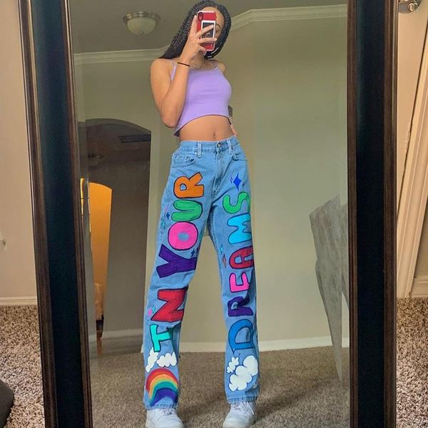 

women's korean jeans 2021 fashion high waist loose straight letter printed bottoms trousers streetwear denim pants females, Blue