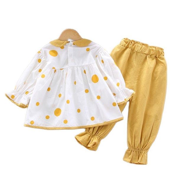 

clothing sets pure cotton spring and autumn season flower bow print long sleeve blouse + pantsuit sweet style navy blue pink girl wear, White