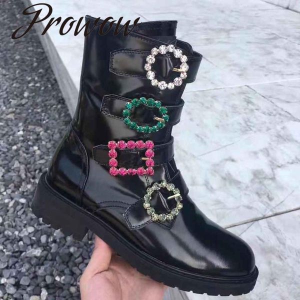 

boots prowow winter genuine leather crystal jewel buckle ankle round toe brand thick heel low women zapaos mujer, Black