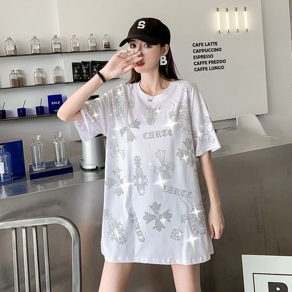

crosin 2021 heavy cross drill short sleeve t-shirt women's medium length loose thin summer trendy girl brand alan, White
