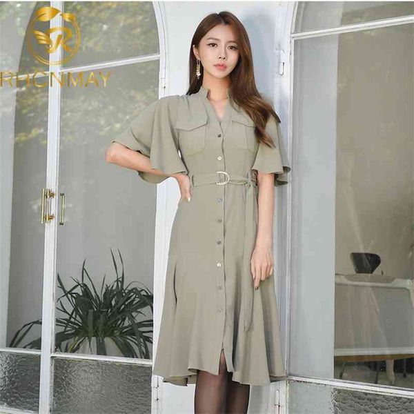 Coreano Autunno Sexy Grace Bordo foglia di loto Abito moda Donna Cintura in vita Abito camicia monopetto 210506