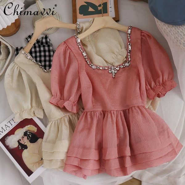 

women's blouses & shirts court style retro square collar puff sleeve 2021 summer slim fit puffy hem shirt heavy beads fairy sweet blou, White