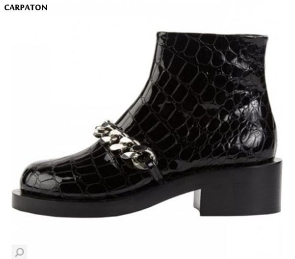 

boots carpaton 2021 est stone pattern short fashion metal chain round toe square heels winter side zipper women shoes, Black