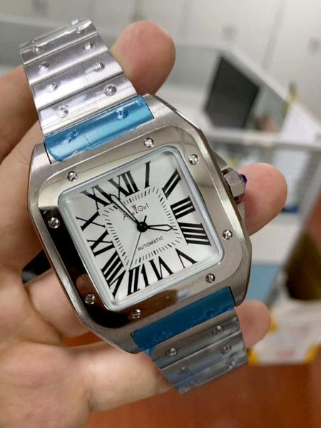 

wristwatches men automatic mechanical sapphire square stainless steel watch gold bezel black leather, Slivery;brown