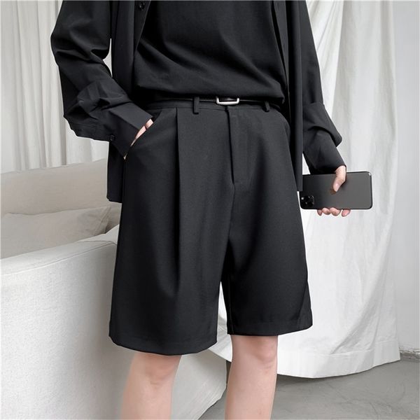 

korean men's shorts straight fit knee-length suit pant solid beige black summer clothing student thin loose casual mens shorts 210401, White;black