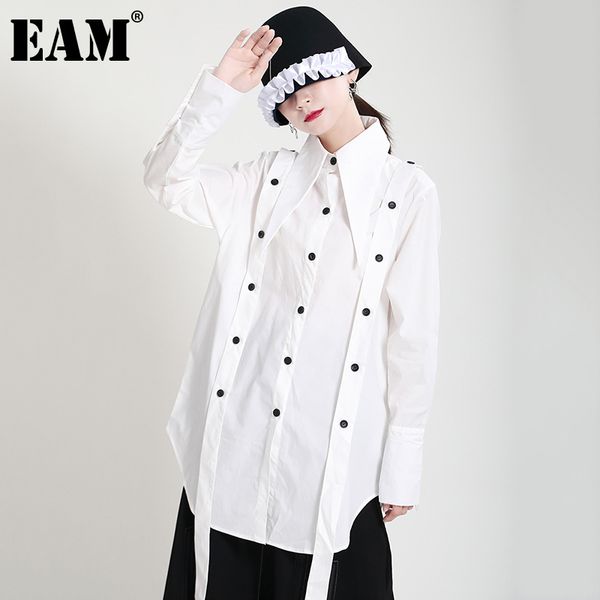 

[eam] women black button ribbon long big size blouse lapel long sleeve loose fit shirt fashion spring autumn 1dd61190 21512, White