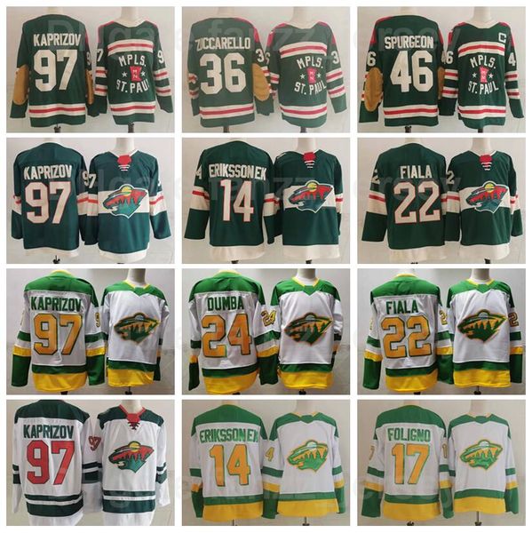 

minnesota wild winter classic 46 jared spurgeon jersey hockey 97 kirill kaprizov 24 matt dumba 22 kevin fiala 14 joel eriksson ek 36 mats zu, Black;red