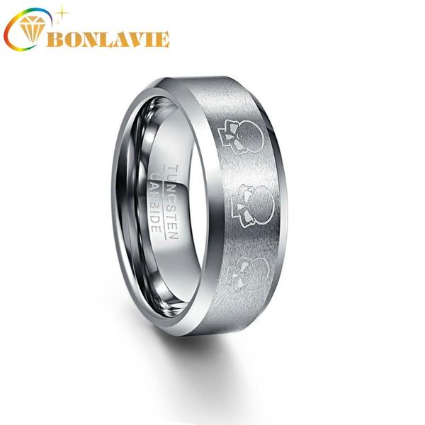 

wedding rings bonlavie men's 8mm laser engraved skull matte finish tungsten carbide band polished beveled edge size 7-12, Slivery;golden