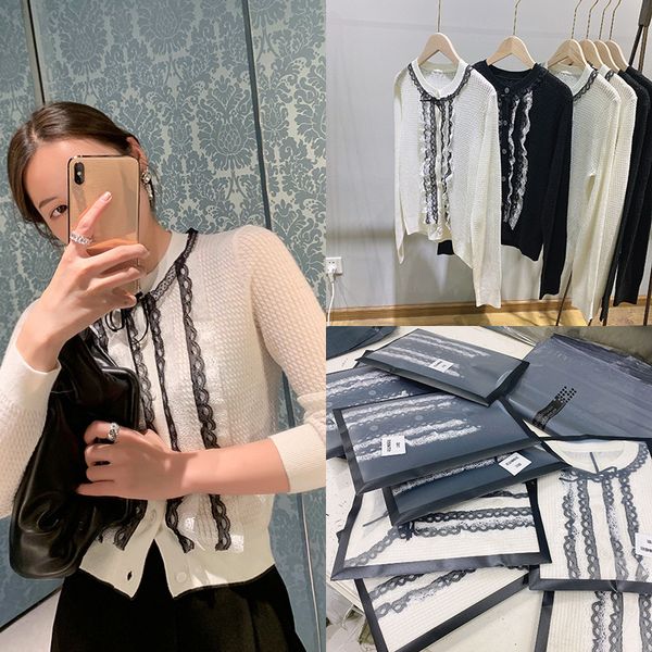 

2021 early spring famous lady lace fungus edge bow splicing slim fit versatile wool knitted cardigan women, White