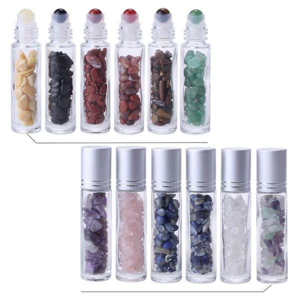 

10ml natural gemstone essential oil roller ball bottles clear perfumes oil liquids roll on with crystal chips 10 colors