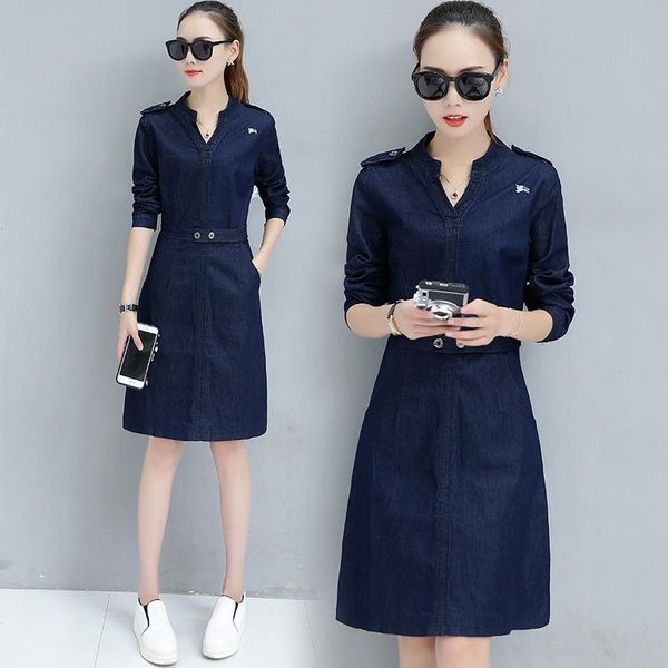 

womens dresses spring and autumn slim was thin package hip denim dress long sections sleeved a line tb18163, Black;gray