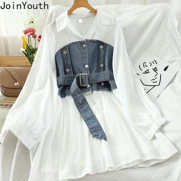 

joinyouth patchwork denim vintage dresses vestido de mujer 2021 korean clothes vestidos contrast color lace up slim waist dress casual, Black;gray